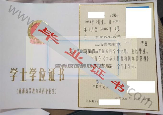 东北农业大学2005年学士学位证书样本