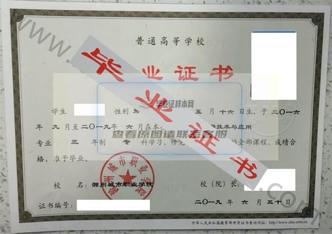 滁州城市职业学院2019年毕业证样本（大数据技术与应用）第1张