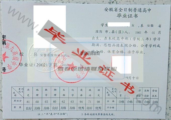 安徽省淮南第一高级中学2002年高中毕业证样本 第1张