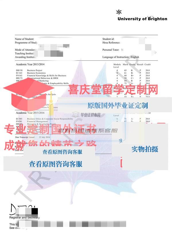 布莱顿大学成绩单样本