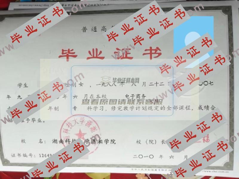 2010年湖南科技大学潇湘学院毕业证样本图片_模板