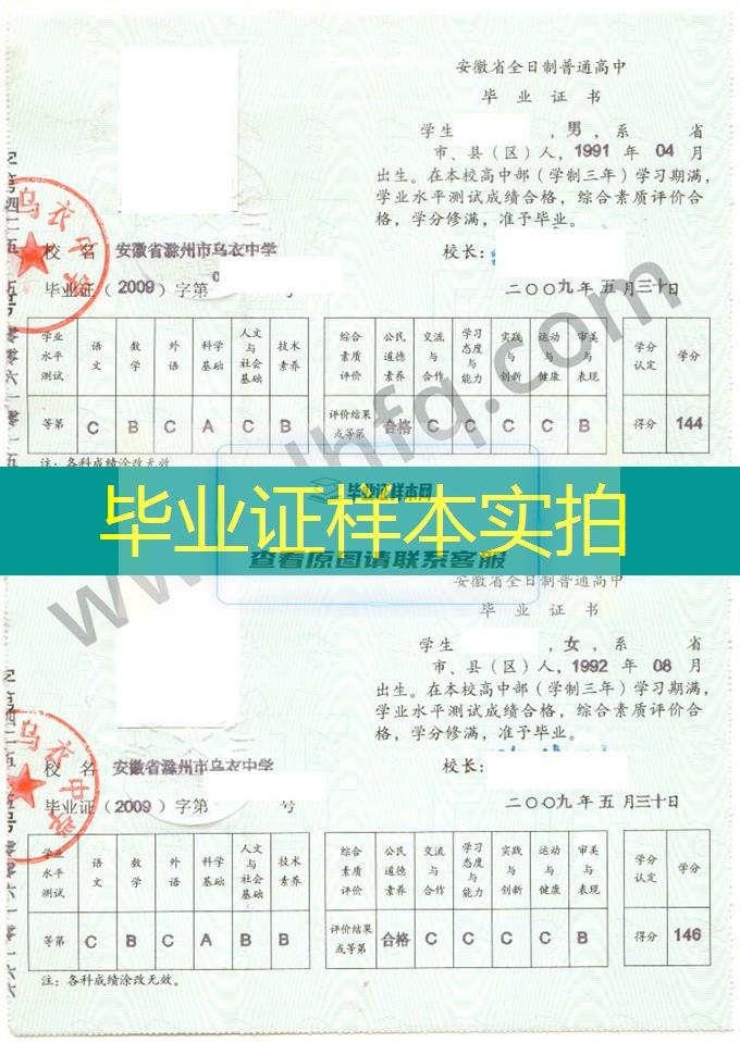 安徽省滁州市乌衣中学2009年普通高中毕业证书样本