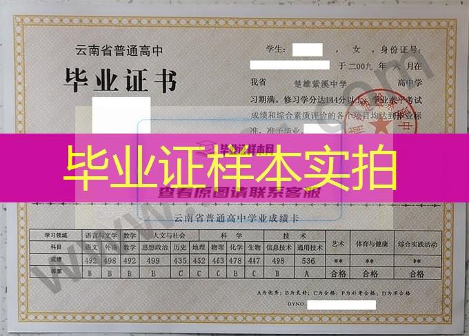 云南省楚雄紫溪中学2009年普通高中毕业证书样本