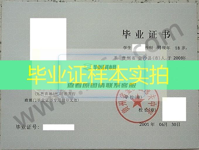 贵州省金沙县逸夫中学2001年高中毕业证样本