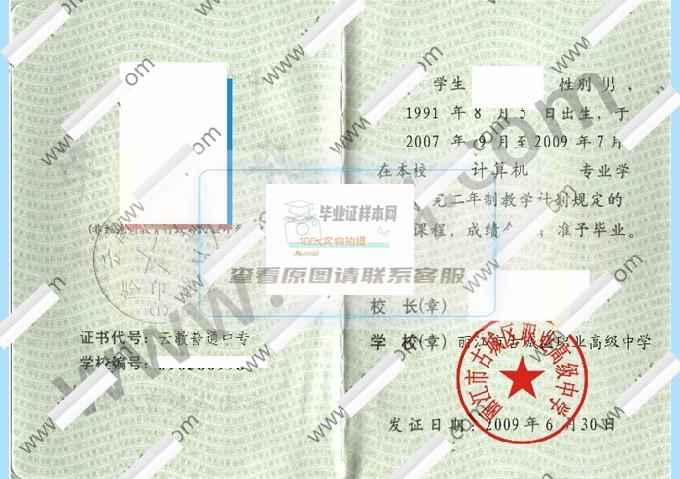 丽江市古城区职业高级中学2009年中专毕业证样本