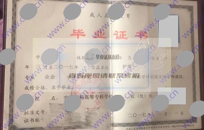 安庆医药高等专科学校成人教育专科毕业证样本