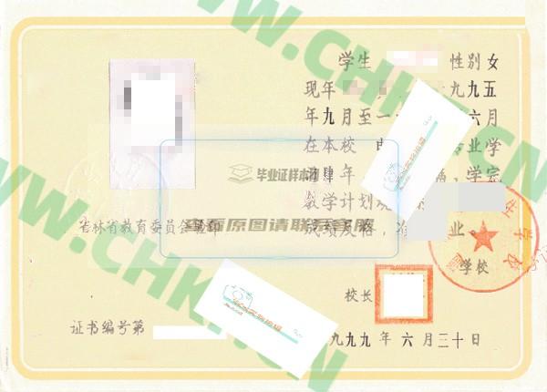 吉林省通化市卫生学校1999年中专毕业证样本