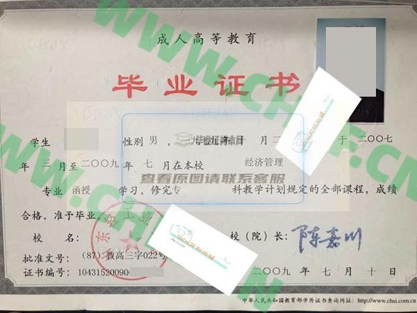 山东轻工业学院2009年成人教育函授大专毕业证样本