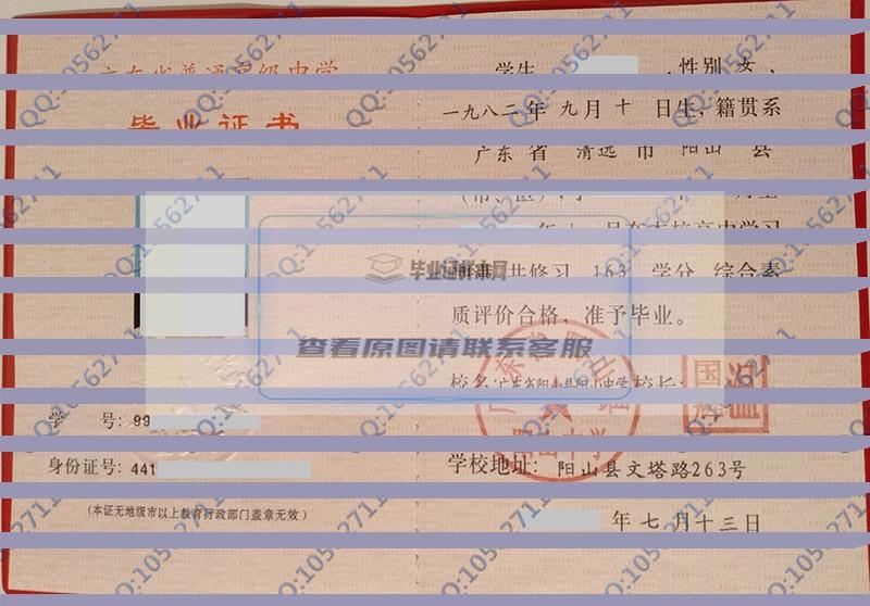 广东省阳山县阳山中学2002年高中毕业证样本