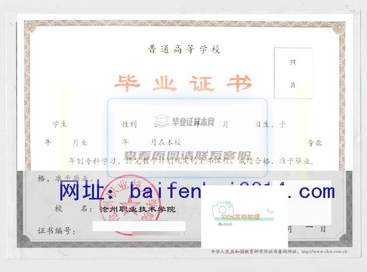 沧州职业技术学院毕业证书样本高清图片