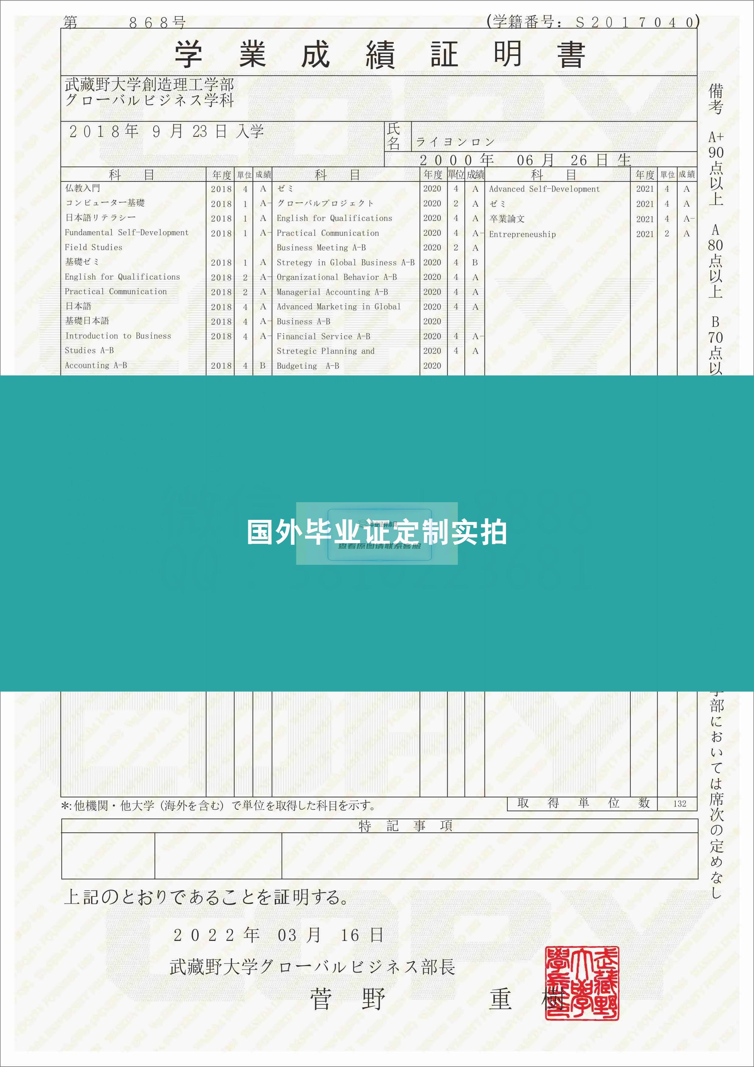 武书野大学毕业证样本成绩单模板