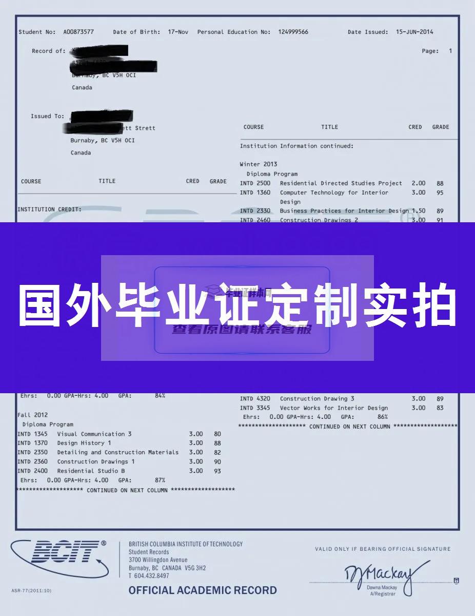 不列颠哥伦比亚理工大学毕业证样本成绩单模板