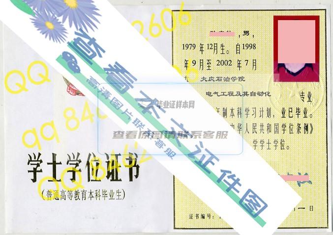 2002年大庆石油学院学位证原版样本