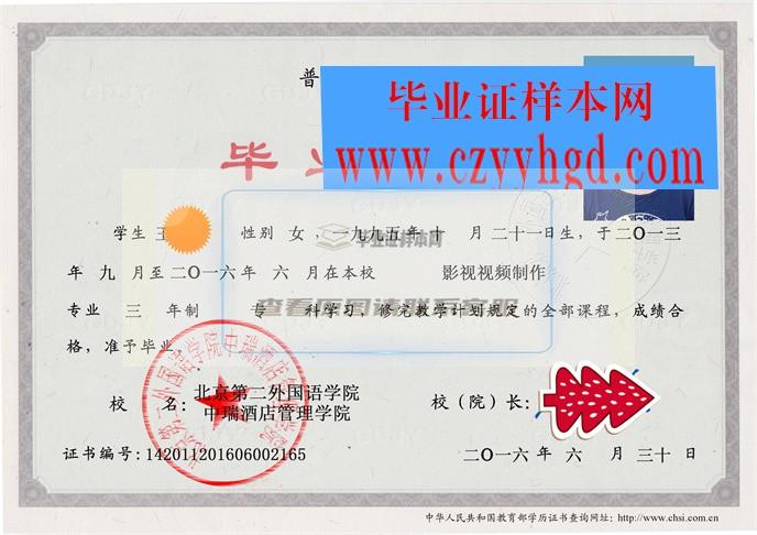 北京第二外国语学院中瑞酒店管理学院成绩单毕业证档案学位证样本