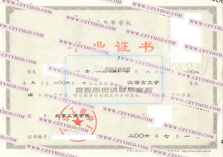 2006年北京工商学院毕业证书样本